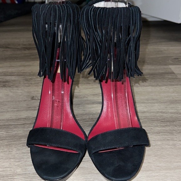 Max Studio Leather Forest Black Fringed Party Sandal Boho Platform Western Heel - Picture 4 of 10